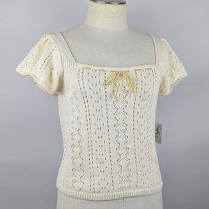 Haute Hippie Style Knit Top Short Flutter Sleeve Velvet Ribbon Trim Cream XL NWT